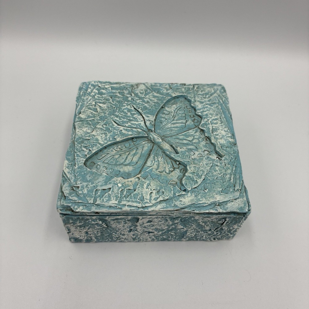 Vintage Stone Concrete Butterfly Trinket Box Teal